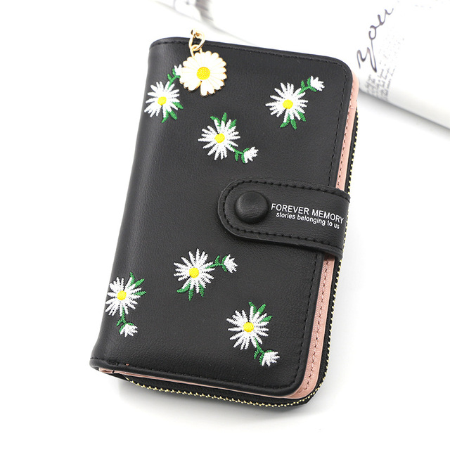 Women Long Wallets Embroidery Daisy Card Holder Large-Capacity PU Coin Purse Simple Zipper Money Bag Wallets