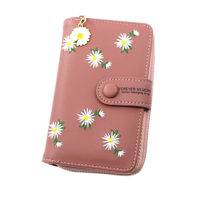 Women Long Wallets Embroidery Daisy Card Holder Large-Capacity PU Coin Purse Simple Zipper Money Bag Wallets