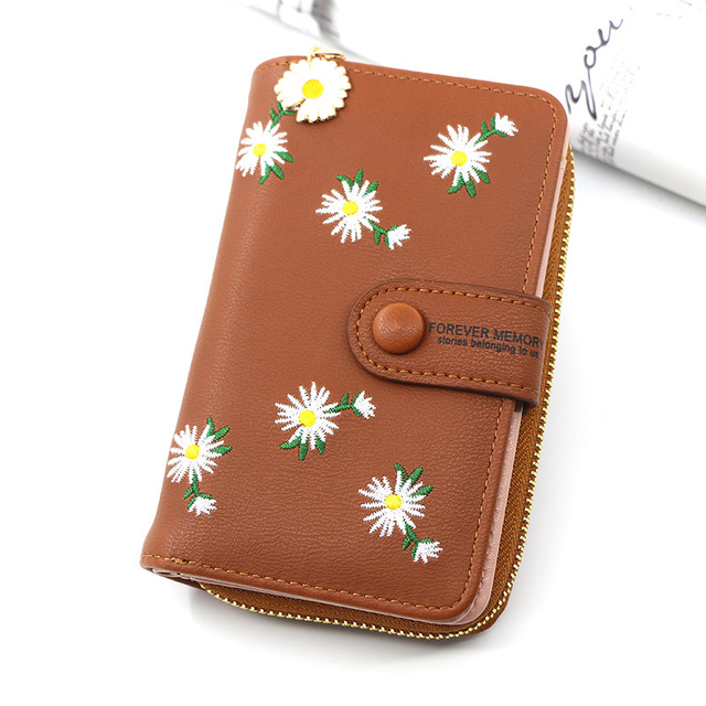 Women Long Wallets Embroidery Daisy Card Holder Large-Capacity PU Coin Purse Simple Zipper Money Bag Wallets