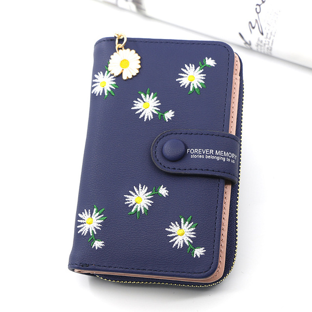 Women Long Wallets Embroidery Daisy Card Holder Large-Capacity PU Coin Purse Simple Zipper Money Bag Wallets