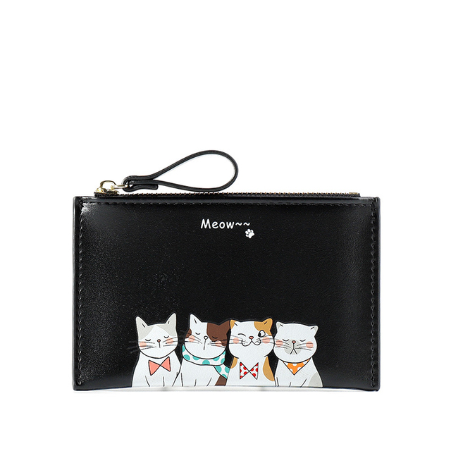 New Women's Wallet Ultra Thin Leather Purse Bank Card Holder Bag Cute Cartoon Cat Zipper Coin Purse Simple Thin Card Holder