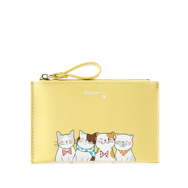 New Women's Wallet Ultra Thin Leather Purse Bank Card Holder Bag Cute Cartoon Cat Zipper Coin Purse Simple Thin Card Holder