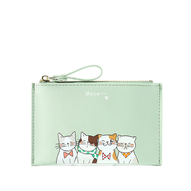 New Women's Wallet Ultra Thin Leather Purse Bank Card Holder Bag Cute Cartoon Cat Zipper Coin Purse Simple Thin Card Holder