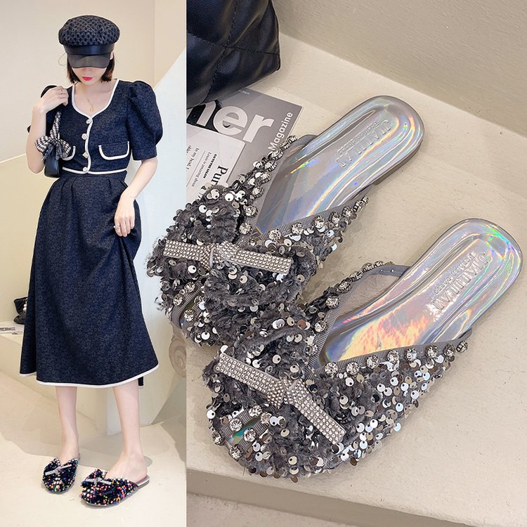 Baotou slippers women's outer wear sequins sparkling all-match fashion slippers