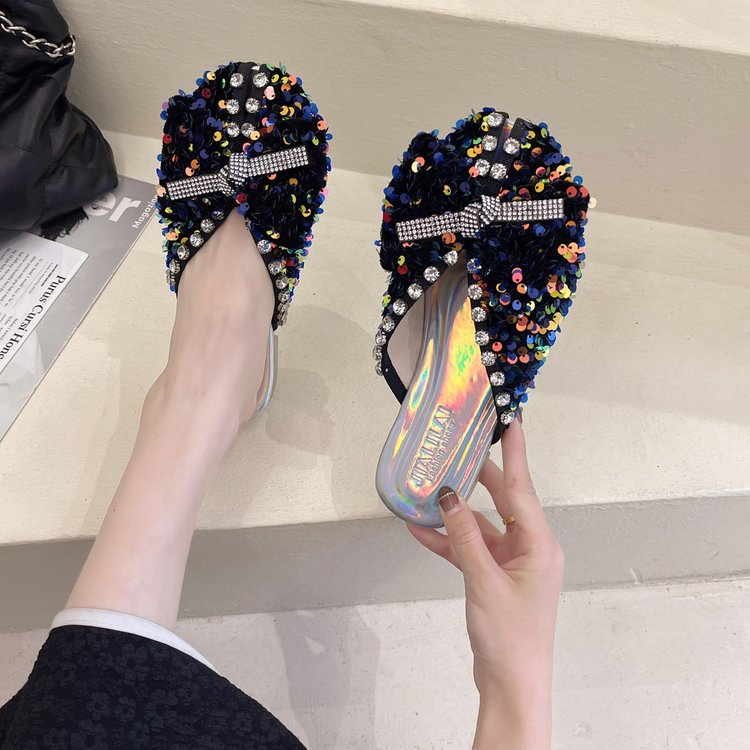 Baotou slippers women's outer wear sequins sparkling all-match fashion slippers