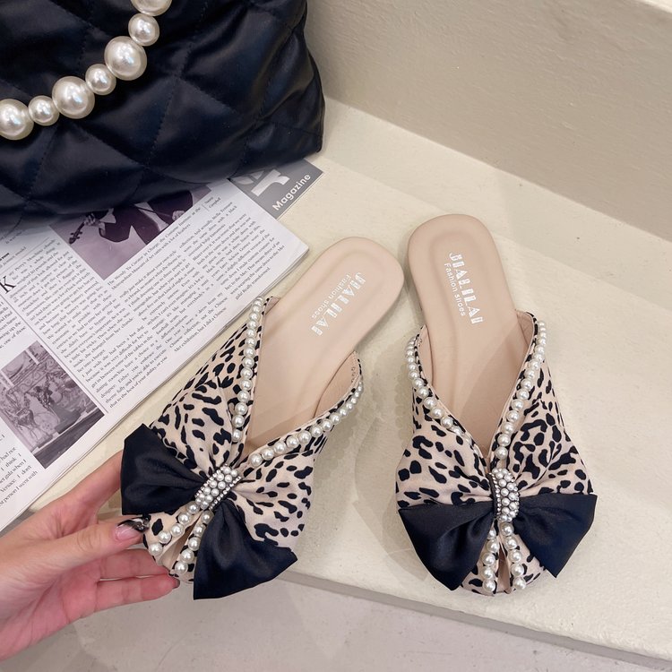 Women's half mop baotou bow soft bottom home wear flat bottom women's slippers trend