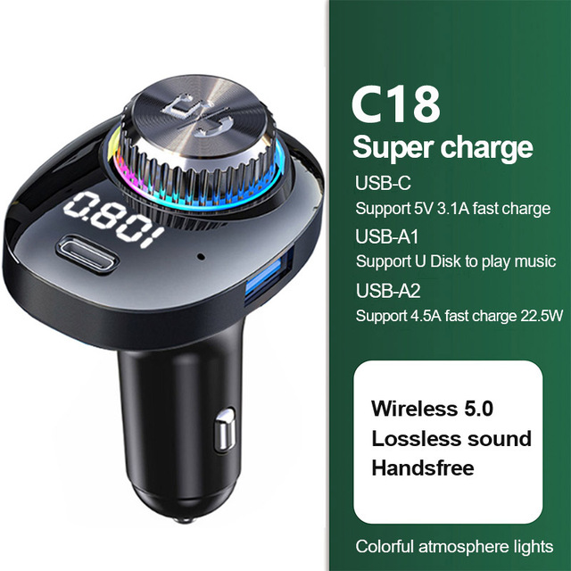 FM Transmitter Colorful Light QC3.0 PD20W Fast Charging Dual USB Car Charger Handsfree Bluetooth-compatible 5.0 Car Kit