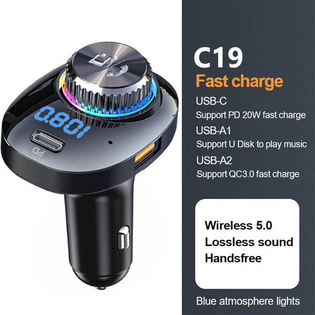 FM Transmitter Colorful Light QC3.0 PD20W Fast Charging Dual USB Car Charger Handsfree Bluetooth-compatible 5.0 Car Kit