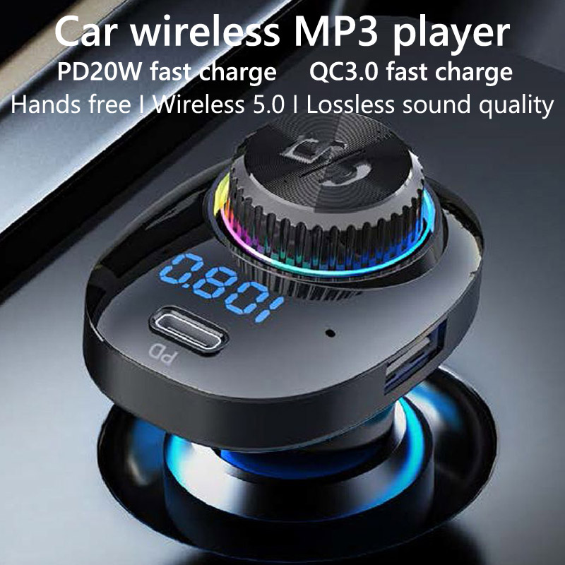 FM Transmitter Colorful Light QC3.0 PD20W Fast Charging Dual USB Car Charger Handsfree Bluetooth-compatible 5.0 Car Kit