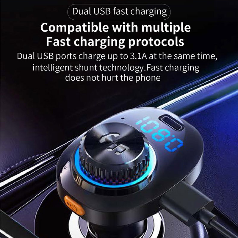 FM Transmitter Colorful Light QC3.0 PD20W Fast Charging Dual USB Car Charger Handsfree Bluetooth-compatible 5.0 Car Kit