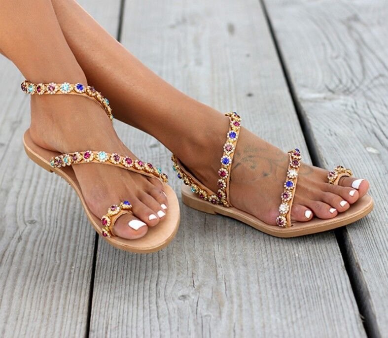 Plus Size Women's Sandals Rhinestone Hand Beaded Metal Embellished