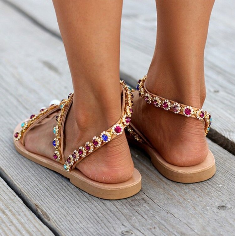 Plus Size Women's Sandals Rhinestone Hand Beaded Metal Embellished