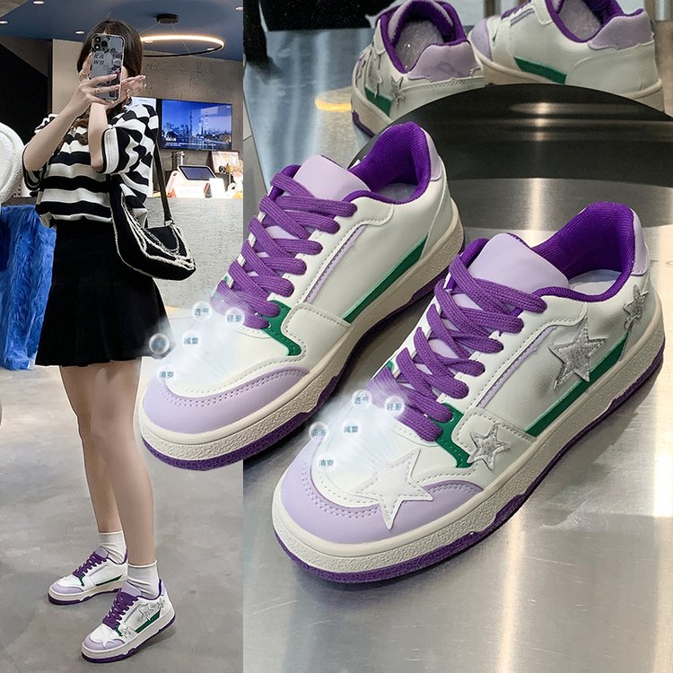 Star shoes women's color-blocking lace-up flat-heeled small white shoes student casual thick-bottomed low-top flat shoes