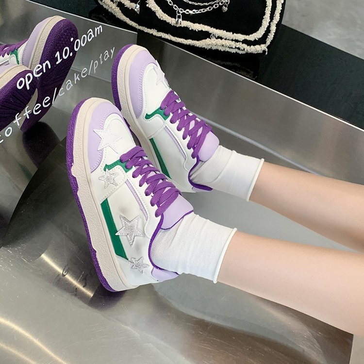 Star shoes women's color-blocking lace-up flat-heeled small white shoes student casual thick-bottomed low-top flat shoes