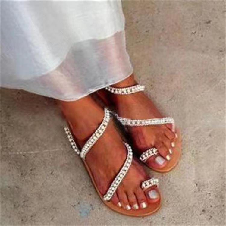 Set toe sandals women's flat rhinestone sandals cross-border plus size beach shoes women's sandals