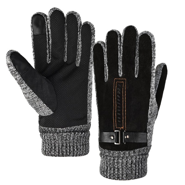 Fashion Leather Men Gloves Winter Warm Wool Motorcycle Gloves Plush Warm Touch Screen Outdoor Sport Driving Cycling Gloves Men