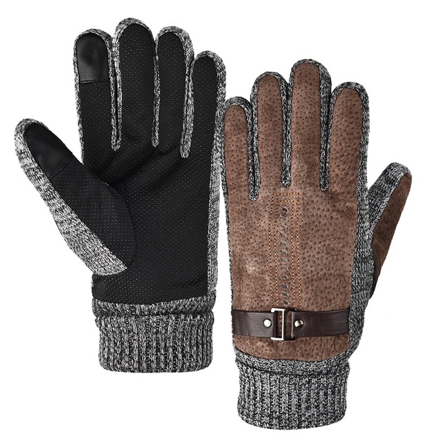 Fashion Leather Men Gloves Winter Warm Wool Motorcycle Gloves Plush Warm Touch Screen Outdoor Sport Driving Cycling Gloves Men