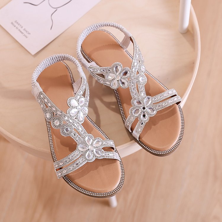 Plus Size Casual Rhinestone Cutout Round Toe Vacation Beach Flat Sandals