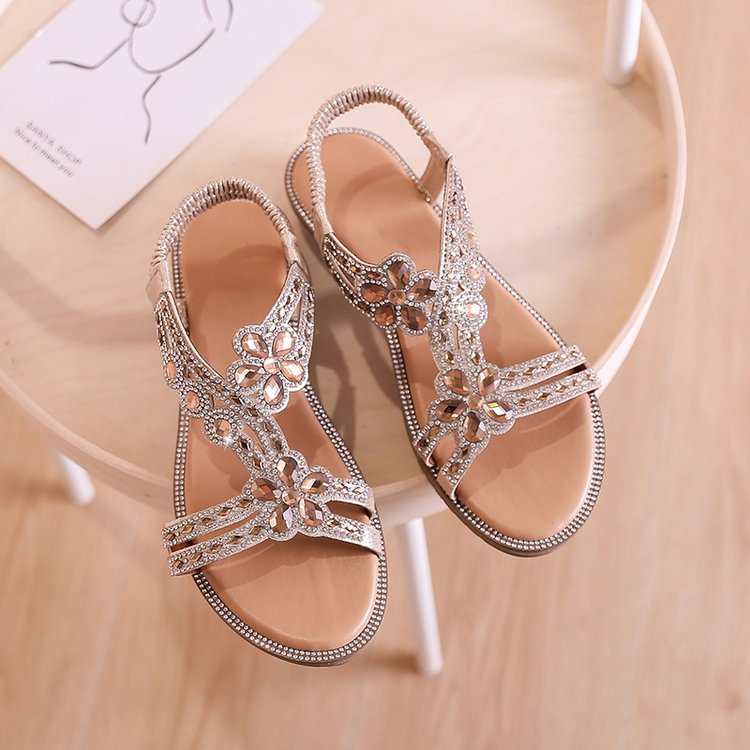 Plus Size Casual Rhinestone Cutout Round Toe Vacation Beach Flat Sandals