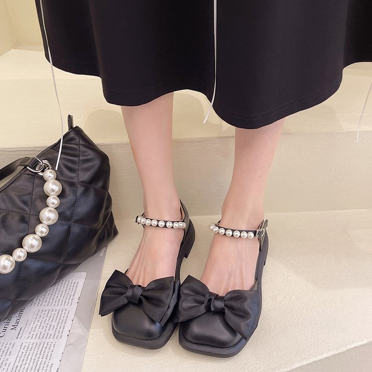 Temperament pearl one word buckle shoes female fairy style Roman high heels