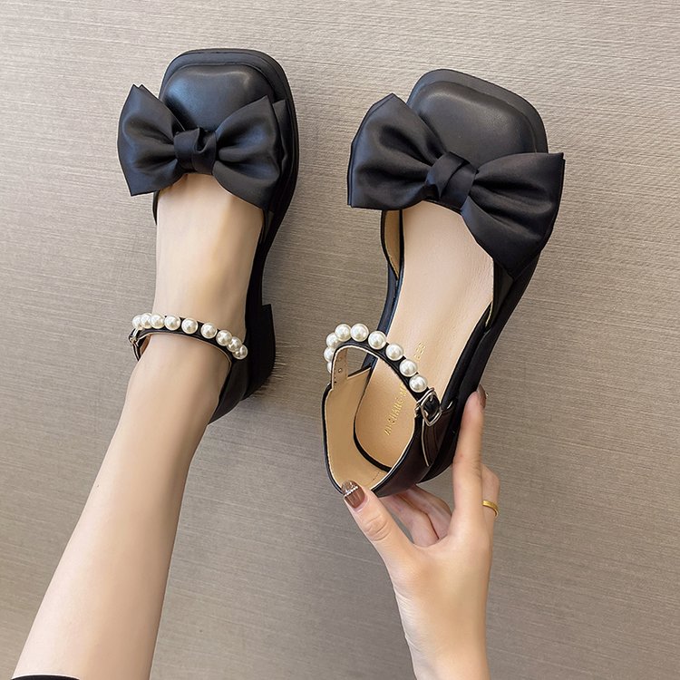 Temperament pearl one word buckle shoes female fairy style Roman high heels
