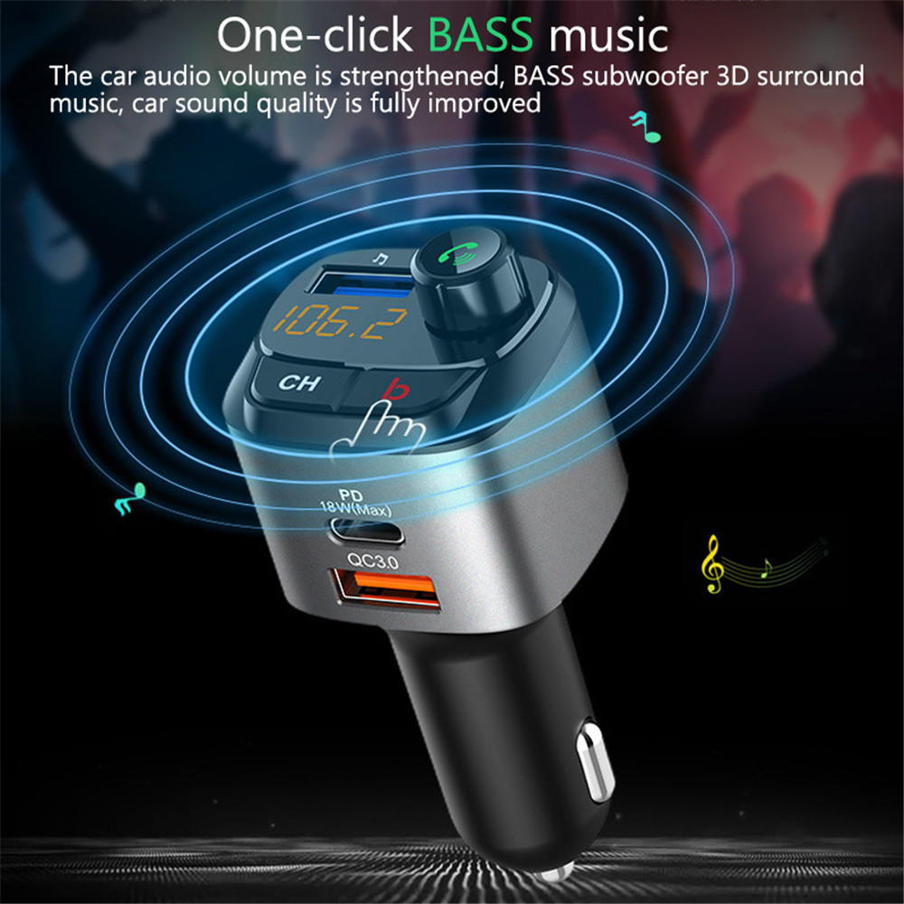 QC3.0 PD 18W Bluetooth 5.0 FM Transmitter Car Kit MP3 Modulator Player Wireless Handsfree Audio Receiver Dual USB Fast Charger