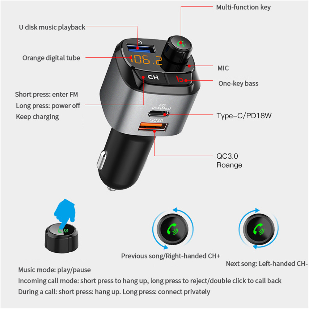 QC3.0 PD 18W Bluetooth 5.0 FM Transmitter Car Kit MP3 Modulator Player Wireless Handsfree Audio Receiver Dual USB Fast Charger