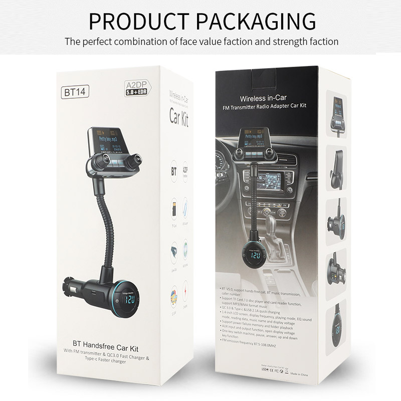 Bluetooth 5.0 Car Kit Handsfree FM Transmitter AUX Audio Receiver Quick Charge QC3.0 1.4 Inch Large Screen Display