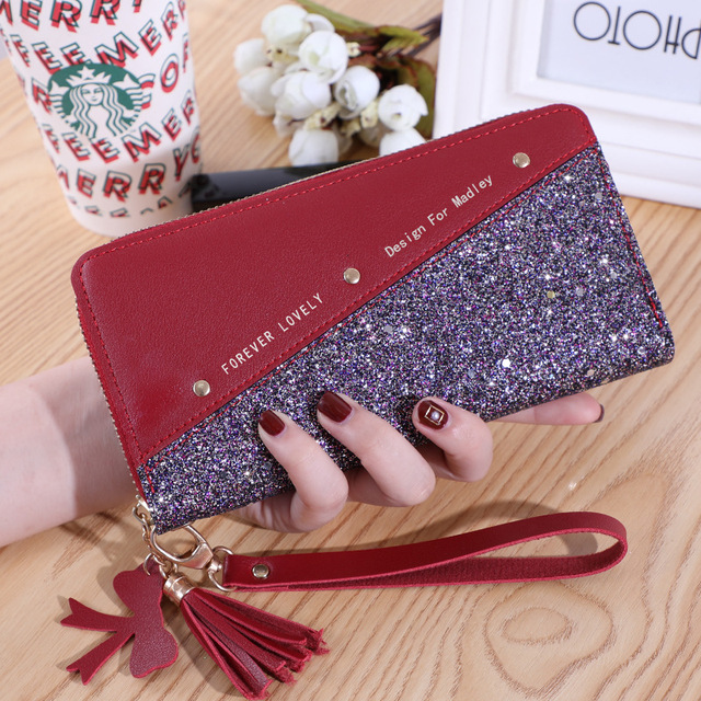 Fashion Women Sequin Patchwork Glitter Wallet Female Pu Leather Long Coin Purses Ladies Multifunction Wristband Clutch Phone Bag