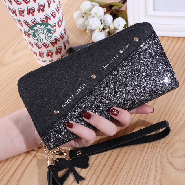 Fashion Women Sequin Patchwork Glitter Wallet Female Pu Leather Long Coin Purses Ladies Multifunction Wristband Clutch Phone Bag