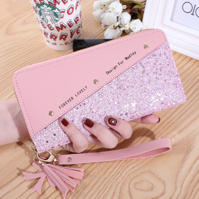 Fashion Women Sequin Patchwork Glitter Wallet Female Pu Leather Long Coin Purses Ladies Multifunction Wristband Clutch Phone Bag