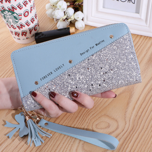 Fashion Women Sequin Patchwork Glitter Wallet Female Pu Leather Long Coin Purses Ladies Multifunction Wristband Clutch Phone Bag