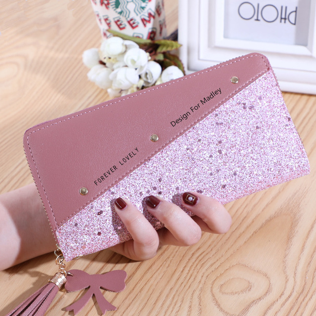 Fashion Women Sequin Patchwork Glitter Wallet Female Pu Leather Long Coin Purses Ladies Multifunction Wristband Clutch Phone Bag