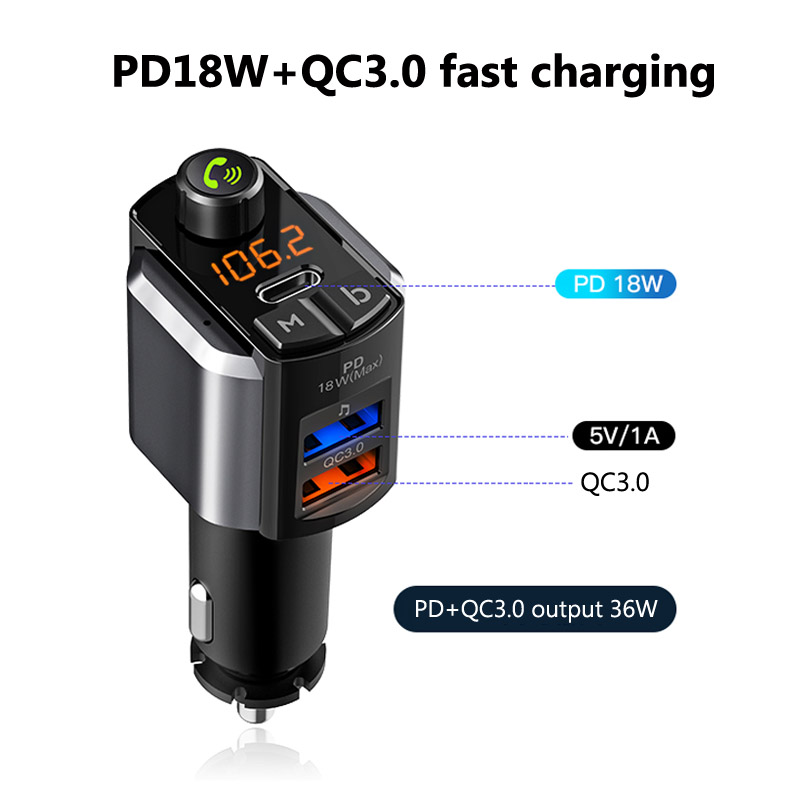 Bluetooth 5.0 Car Kit Handsfree Calling FM Transmitter Car MP3 Player Dual USB PD18W + QC3.0 Quick Charge Car Charger