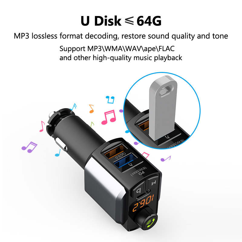 Bluetooth 5.0 Car Kit Handsfree Calling FM Transmitter Car MP3 Player Dual USB PD18W + QC3.0 Quick Charge Car Charger