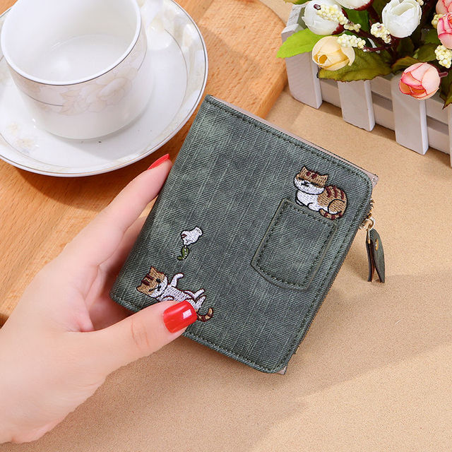 Wallets Women Cat Embroidery Mini Purse Bag  Simple Chic Womens Money Bag Fashion  Students Card Holder Canvas