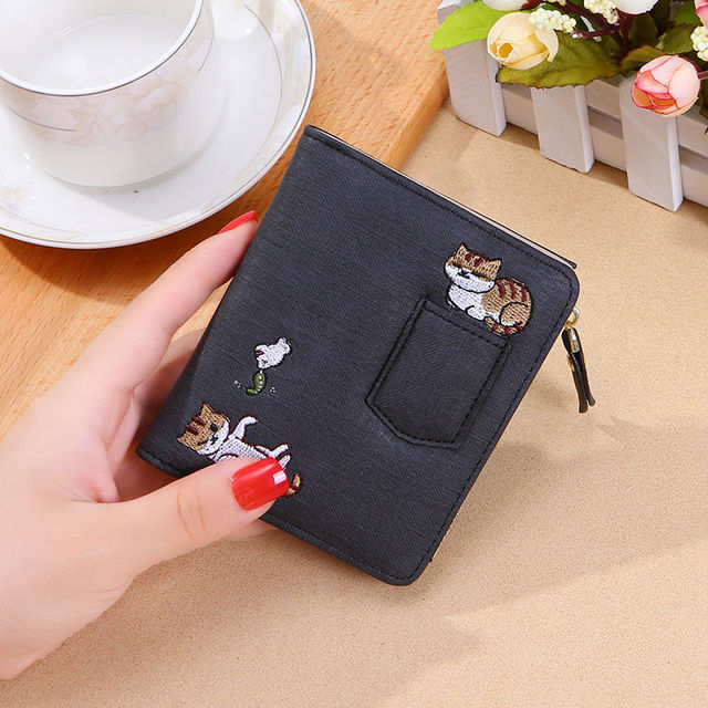 Wallets Women Cat Embroidery Mini Purse Bag  Simple Chic Womens Money Bag Fashion  Students Card Holder Canvas