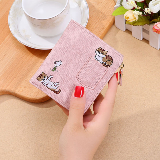 Wallets Women Cat Embroidery Mini Purse Bag  Simple Chic Womens Money Bag Fashion  Students Card Holder Canvas