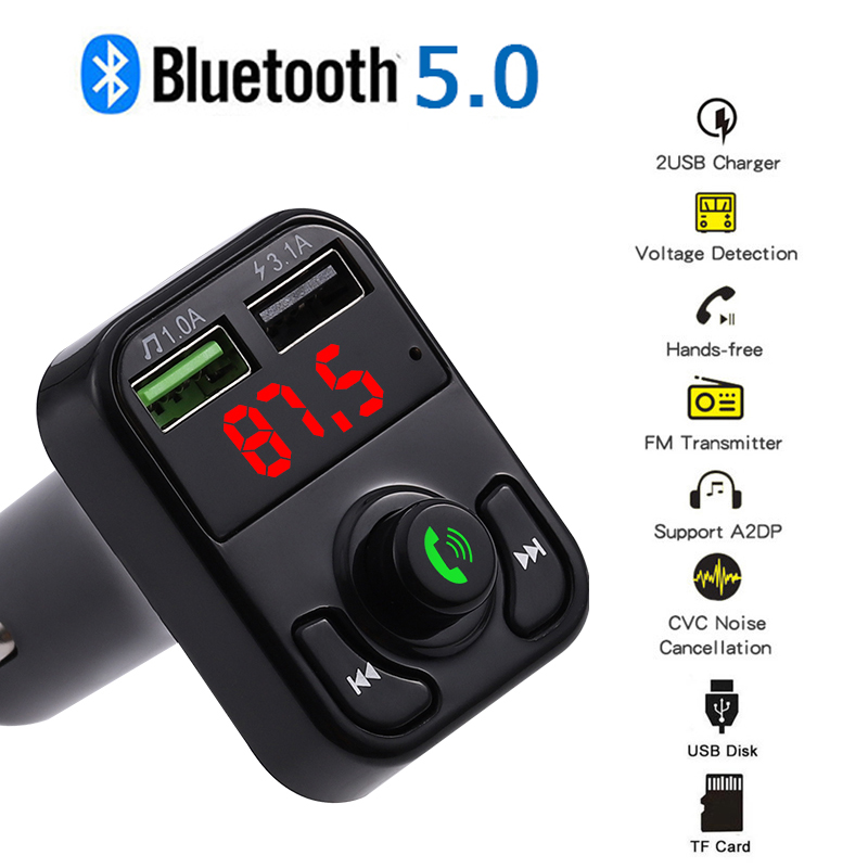 Bluetooth 5.0 Handsfree Car Kit FM Transmitter Wireless Audio Receiver Auto MP3 Player Dual USB Fast Charger Digital Voltmeter D