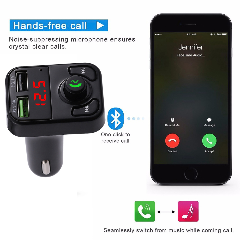 Bluetooth 5.0 Handsfree Car Kit FM Transmitter Wireless Audio Receiver Auto MP3 Player Dual USB Fast Charger Digital Voltmeter D