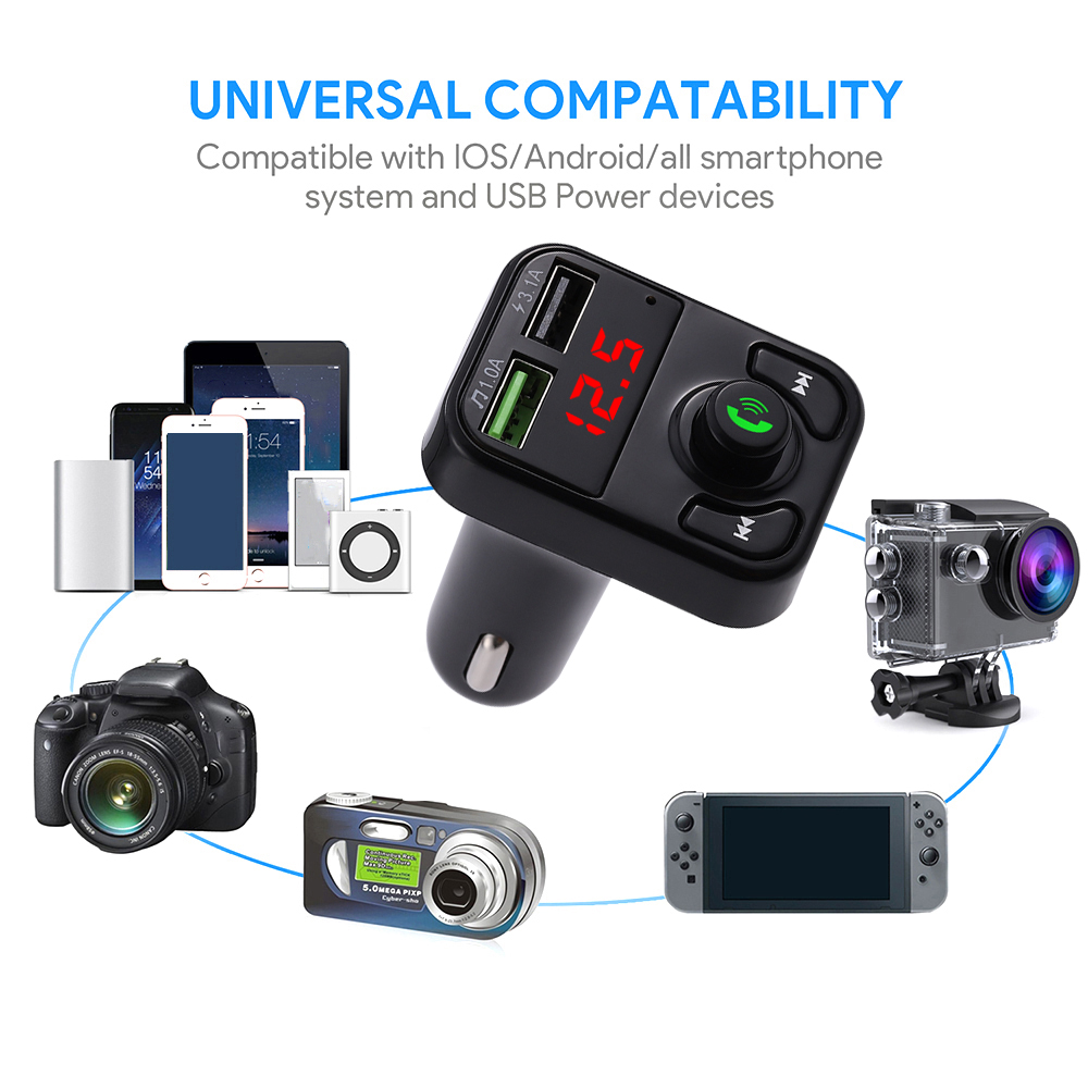 Bluetooth 5.0 Handsfree Car Kit FM Transmitter Wireless Audio Receiver Auto MP3 Player Dual USB Fast Charger Digital Voltmeter D