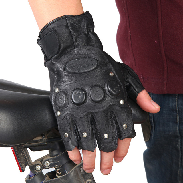 Rivet Punk Black Genuine Leather Gloves Fingerless Mittens Fitness Thunderbolt Cycling Gloves Women Men's Outdoor Riding Gloves