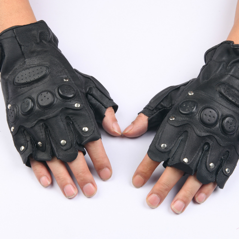 Rivet Punk Black Genuine Leather Gloves Fingerless Mittens Fitness Thunderbolt Cycling Gloves Women Men's Outdoor Riding Gloves