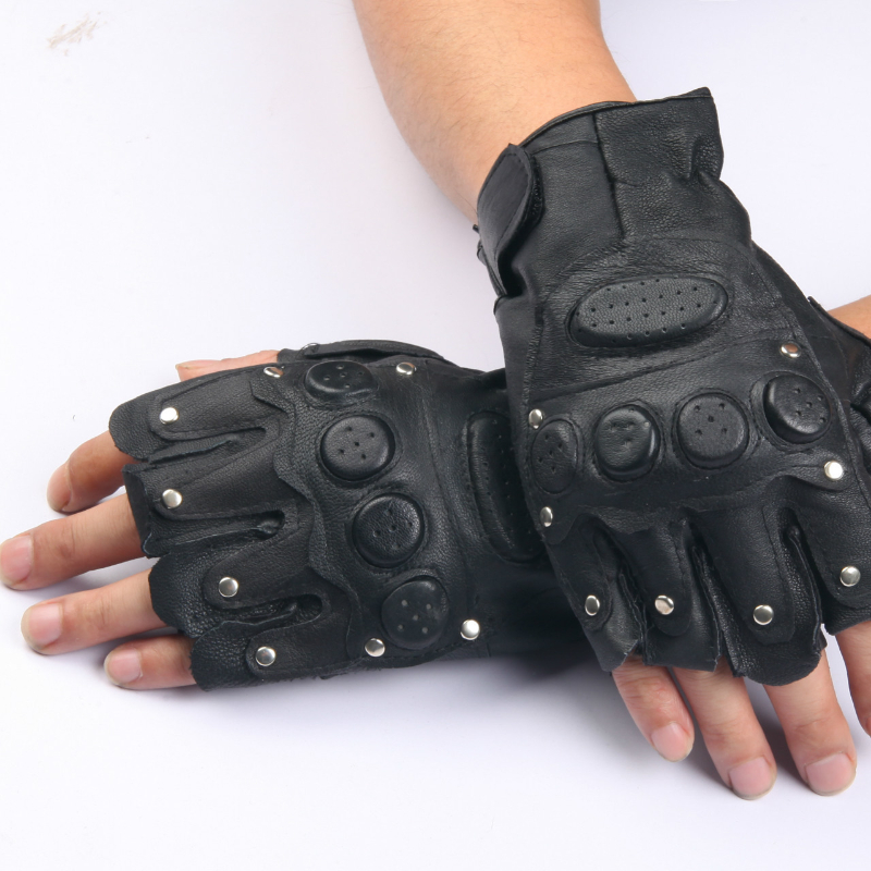 Rivet Punk Black Genuine Leather Gloves Fingerless Mittens Fitness Thunderbolt Cycling Gloves Women Men's Outdoor Riding Gloves