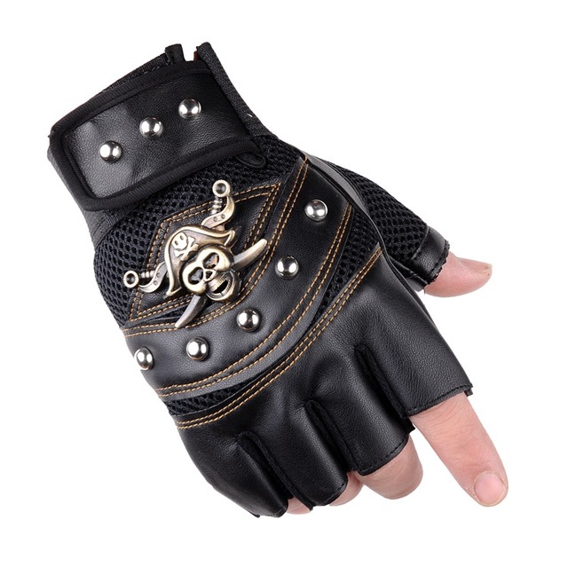 Pirate Captain PU Leather Fingerless Gloves Men Women Skulls Rivet Mitts Hip Hop Gym Gloves Female Moto Half Finger Men's Gloves