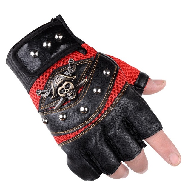 Pirate Captain PU Leather Fingerless Gloves Men Women Skulls Rivet Mitts Hip Hop Gym Gloves Female Moto Half Finger Men's Gloves