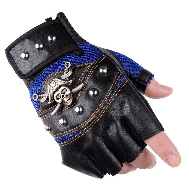 Pirate Captain PU Leather Fingerless Gloves Men Women Skulls Rivet Mitts Hip Hop Gym Gloves Female Moto Half Finger Men's Gloves