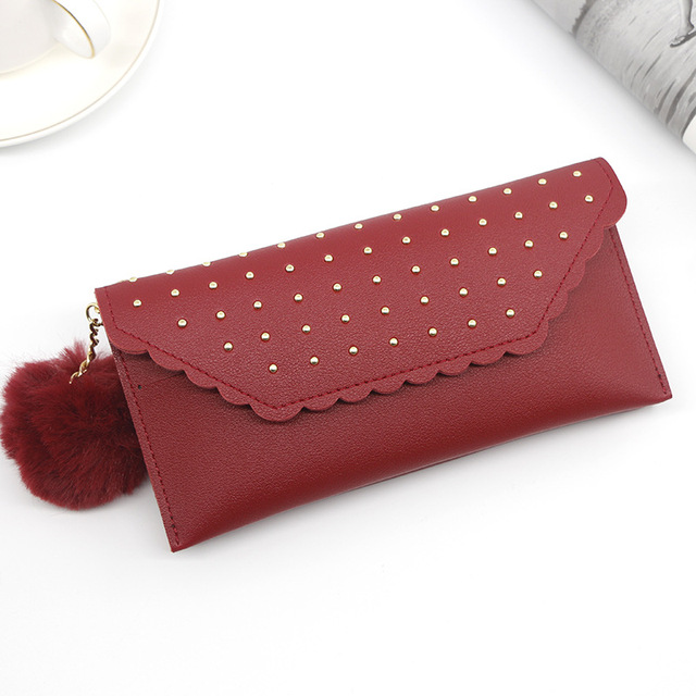 Wallet For Women New Retro Rivet Hasp Long Ladies Wallet Card Purse PU Leather Wallet With Fur Ball Ornaments Phone Bag