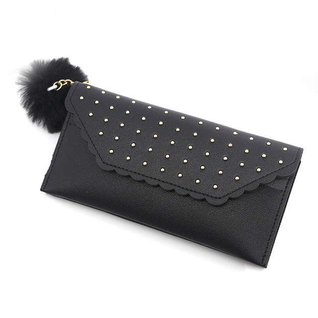Wallet For Women New Retro Rivet Hasp Long Ladies Wallet Card Purse PU Leather Wallet With Fur Ball Ornaments Phone Bag