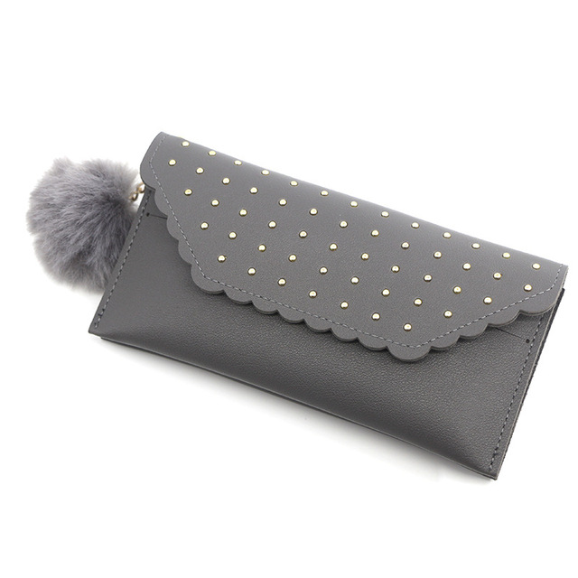 Wallet For Women New Retro Rivet Hasp Long Ladies Wallet Card Purse PU Leather Wallet With Fur Ball Ornaments Phone Bag